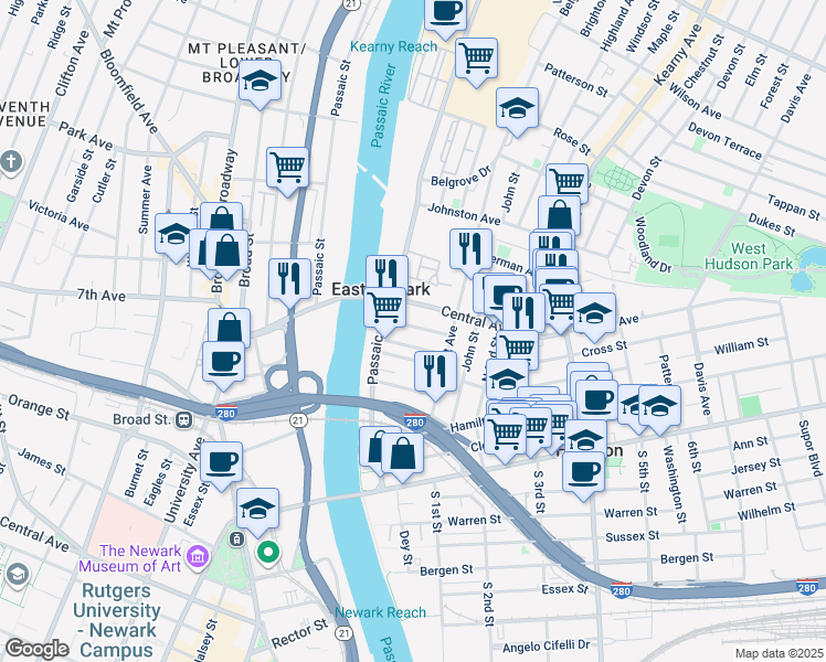 map of restaurants, bars, coffee shops, grocery stores, and more near 18 President Street in East Newark