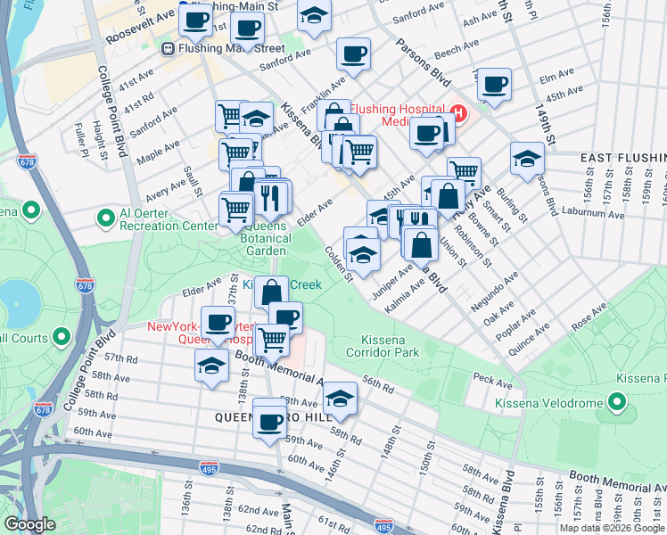 map of restaurants, bars, coffee shops, grocery stores, and more near 45-15 Colden Street in Queens