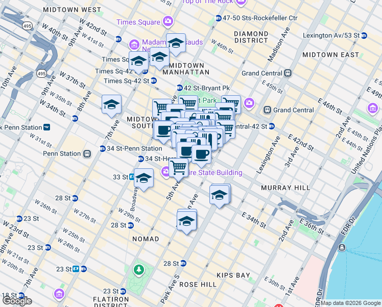 map of restaurants, bars, coffee shops, grocery stores, and more near 1376 West 38th Street in New York