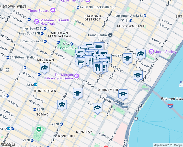 map of restaurants, bars, coffee shops, grocery stores, and more near 81 Park Avenue in New York