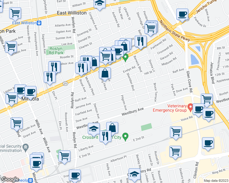 map of restaurants, bars, coffee shops, grocery stores, and more near 174 Raff Avenue in Mineola