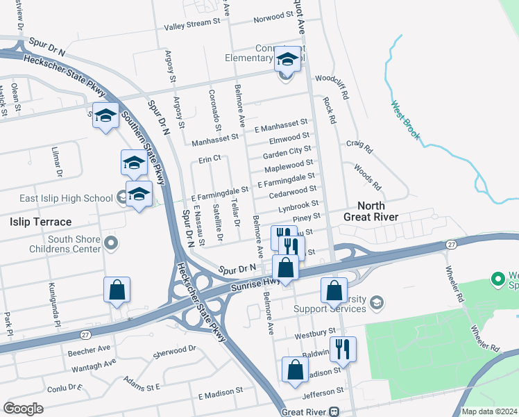 map of restaurants, bars, coffee shops, grocery stores, and more near 441 Belmore Avenue in Islip Terrace