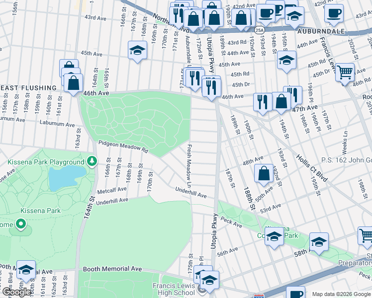 map of restaurants, bars, coffee shops, grocery stores, and more near 172-03 Effington Avenue in Queens