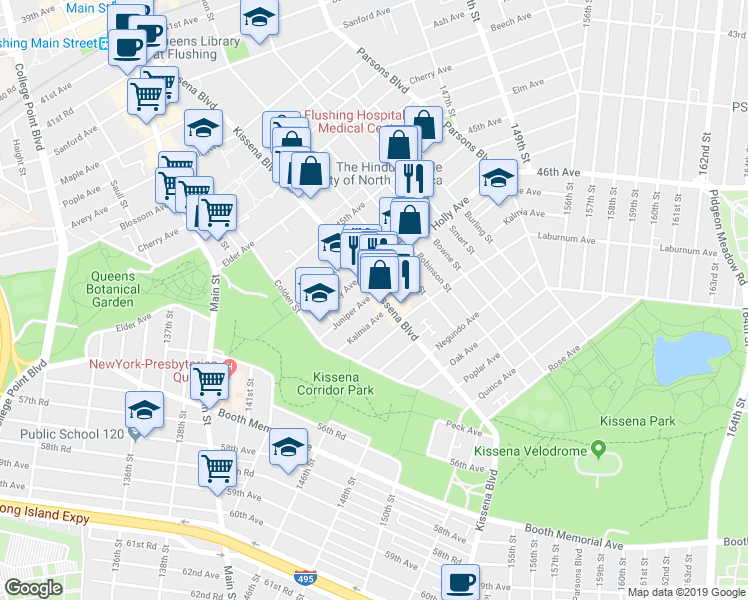 map of restaurants, bars, coffee shops, grocery stores, and more near 46-14 Kissena Boulevard in Queens