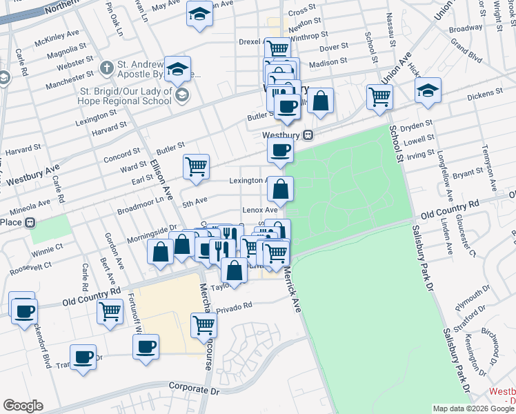 map of restaurants, bars, coffee shops, grocery stores, and more near 80 5th Avenue in Westbury