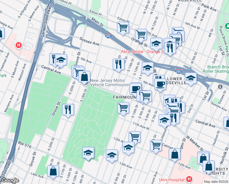 map of restaurants, bars, coffee shops, grocery stores, and more near 613 Central Avenue in Newark
