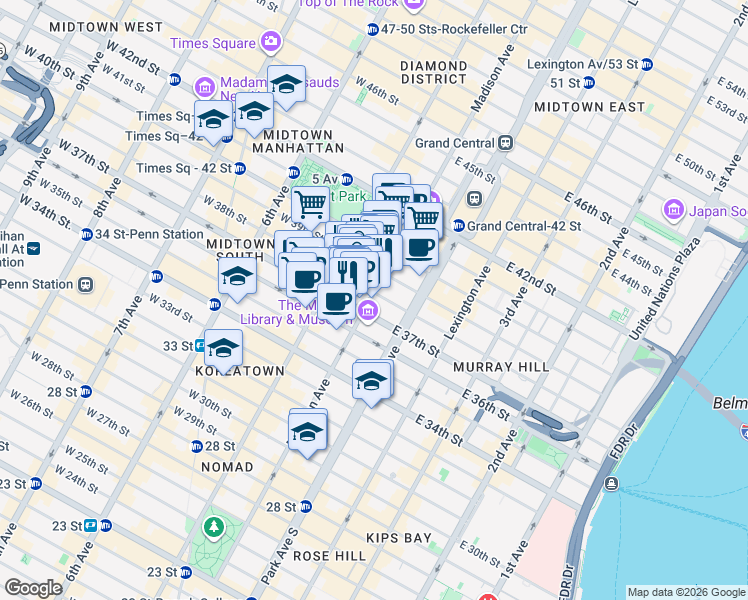 map of restaurants, bars, coffee shops, grocery stores, and more near 245 Madison Avenue in New York
