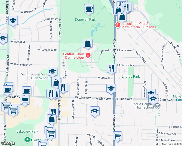 map of restaurants, bars, coffee shops, grocery stores, and more near 5140 North Jacobs Lane in Peoria