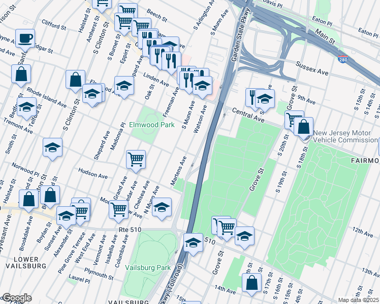 map of restaurants, bars, coffee shops, grocery stores, and more near 100 Watson Avenue in East Orange
