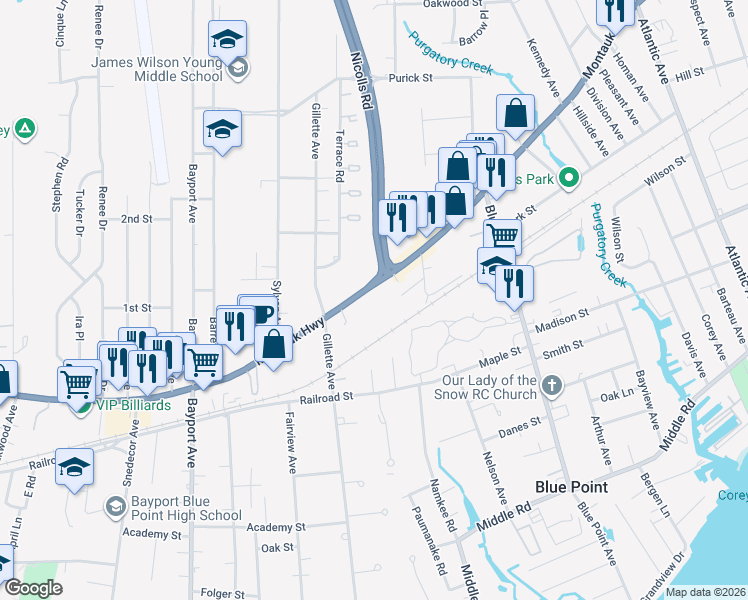 map of restaurants, bars, coffee shops, grocery stores, and more near 151 Northwood Court in Bayport