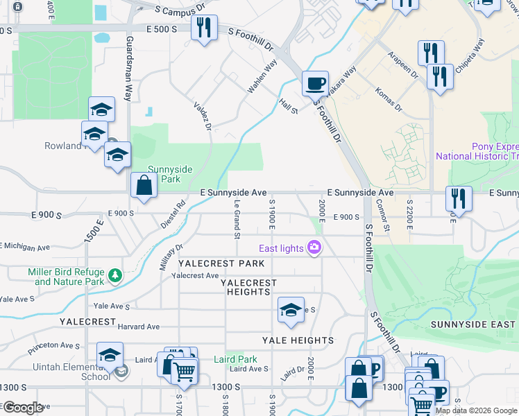 map of restaurants, bars, coffee shops, grocery stores, and more near 1863 East 900 South in Salt Lake City