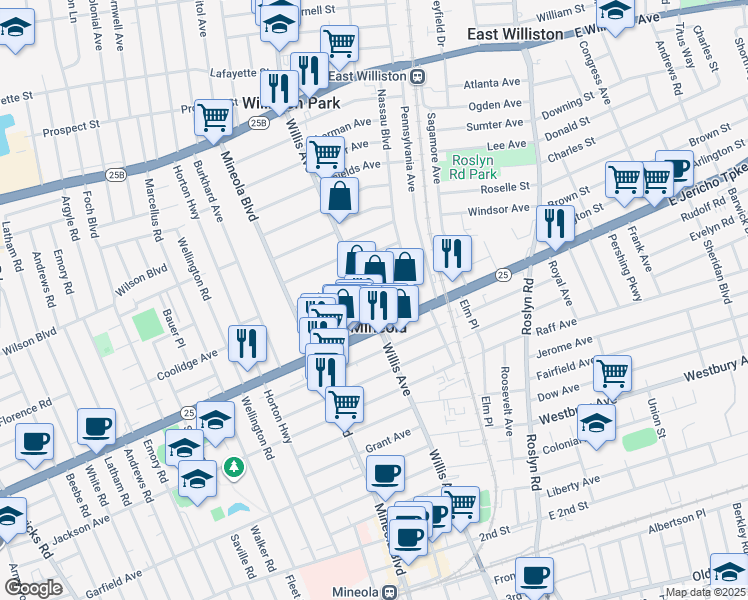 map of restaurants, bars, coffee shops, grocery stores, and more near 310 Schuster Avenue in Mineola