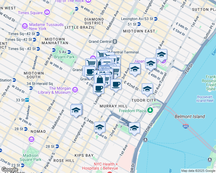 map of restaurants, bars, coffee shops, grocery stores, and more near 355 Lexington Avenue in New York
