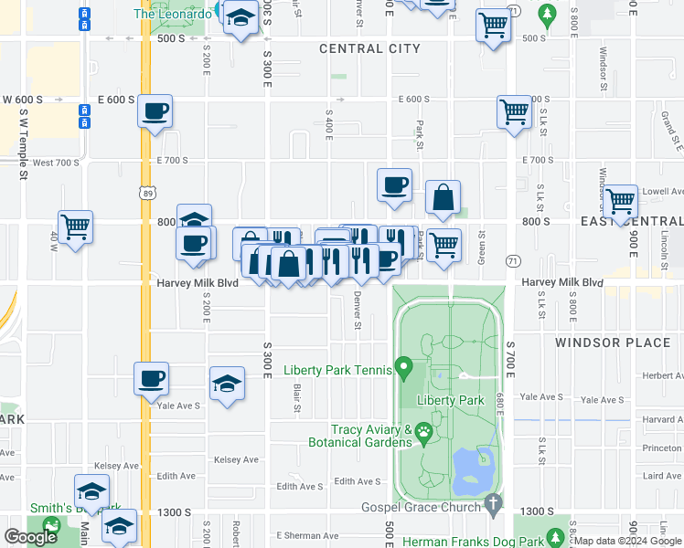 map of restaurants, bars, coffee shops, grocery stores, and more near 415 East 900 South in Salt Lake City