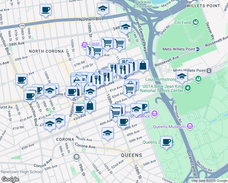 map of restaurants, bars, coffee shops, grocery stores, and more near 108-37 41st Avenue in Queens