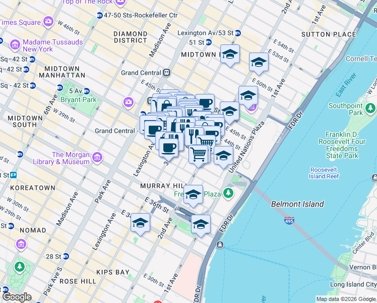 map of restaurants, bars, coffee shops, grocery stores, and more near 150 East 42nd Street in New York