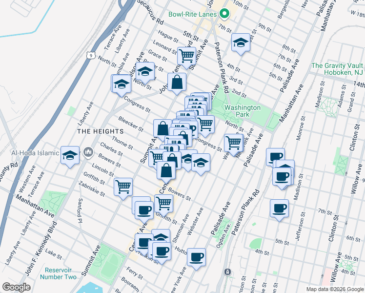 map of restaurants, bars, coffee shops, grocery stores, and more near 21 Paterson Street in Jersey City