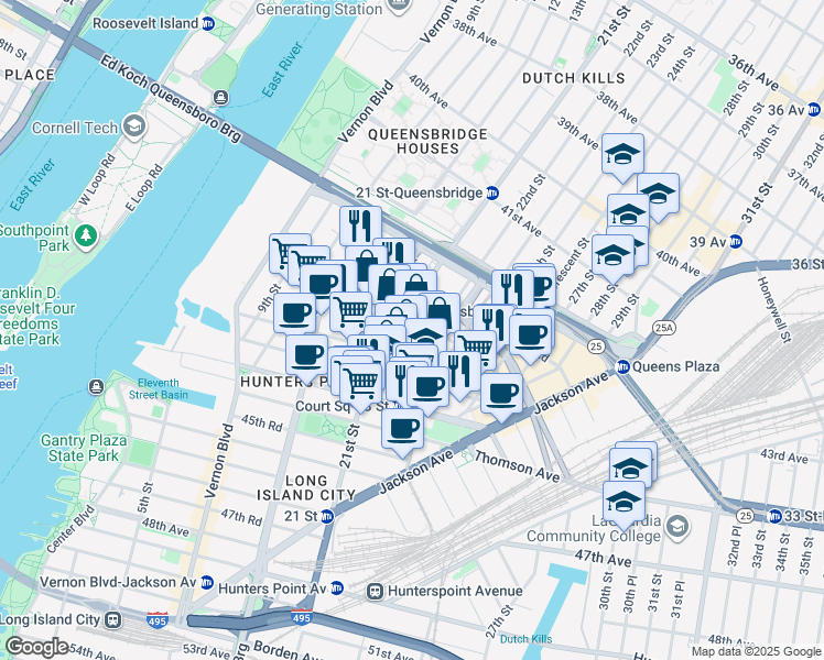 map of restaurants, bars, coffee shops, grocery stores, and more near 43-09 21st Street in Queens