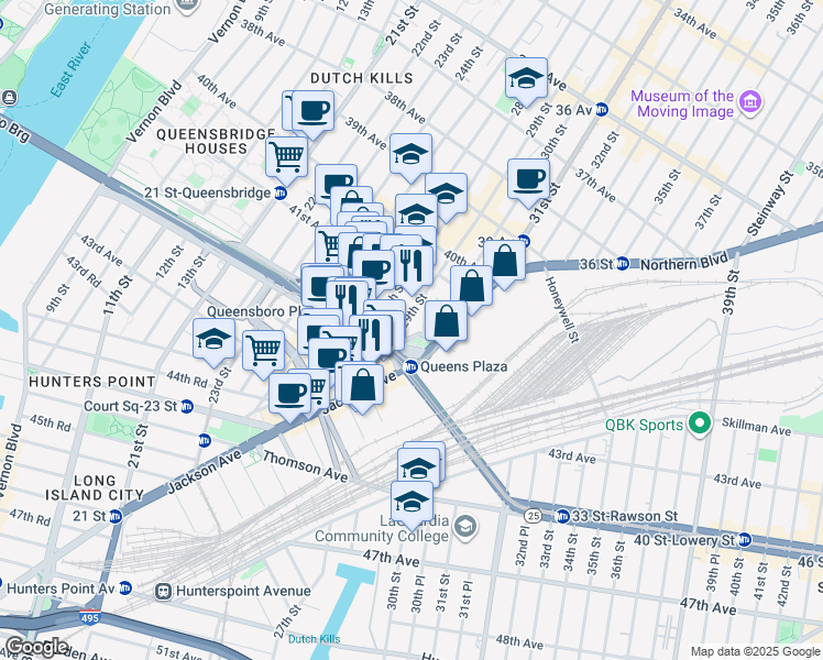map of restaurants, bars, coffee shops, grocery stores, and more near 29-11 Queens Plaza North in Queens