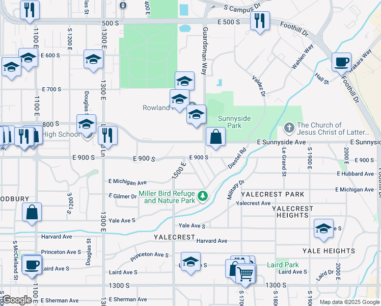 map of restaurants, bars, coffee shops, grocery stores, and more near 1543 East 900 South in Salt Lake City