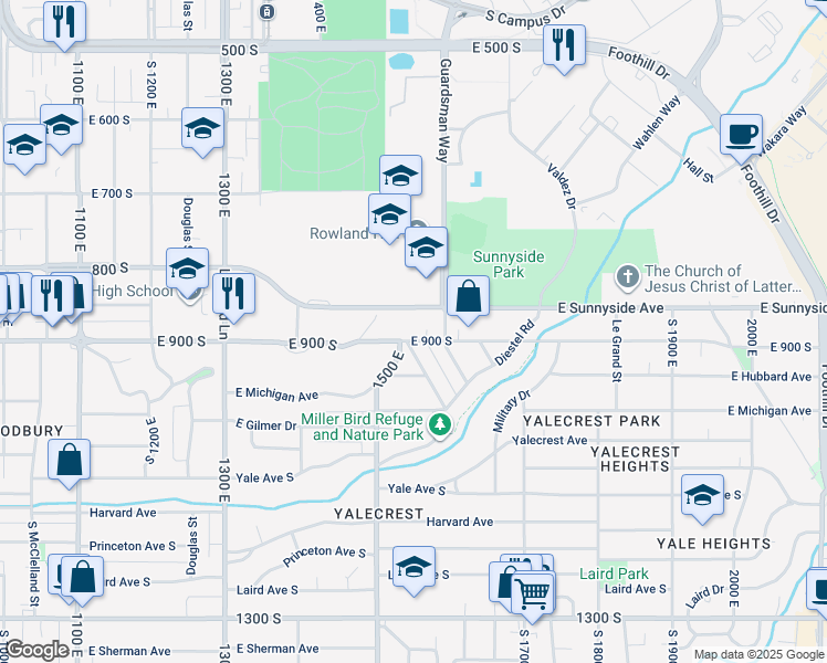 map of restaurants, bars, coffee shops, grocery stores, and more near 1543 East 900 South in Salt Lake City