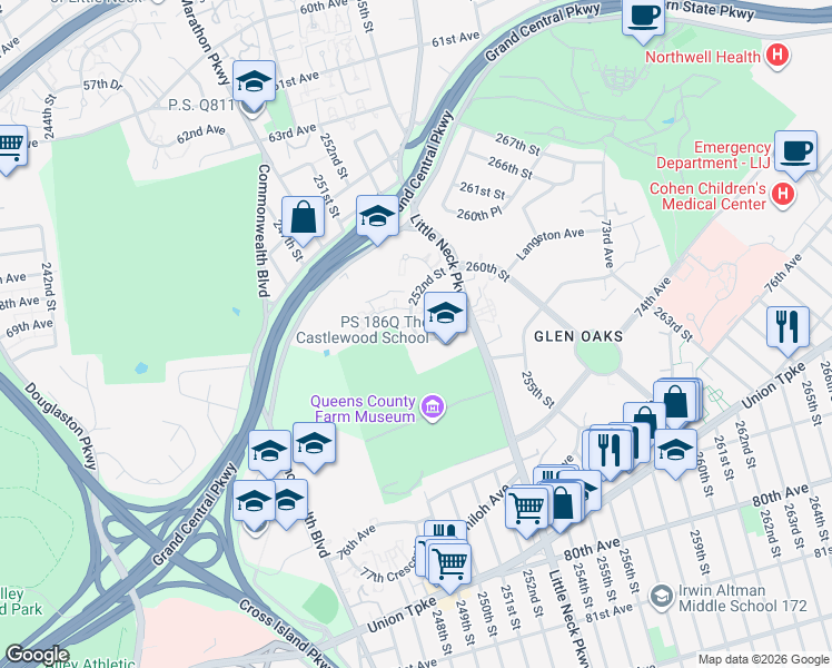 map of restaurants, bars, coffee shops, grocery stores, and more near 71-61 252nd Street in Queens