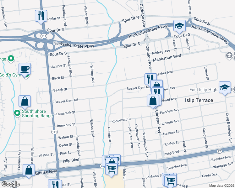 map of restaurants, bars, coffee shops, grocery stores, and more near 246 Beaver Dam Road in Islip Terrace