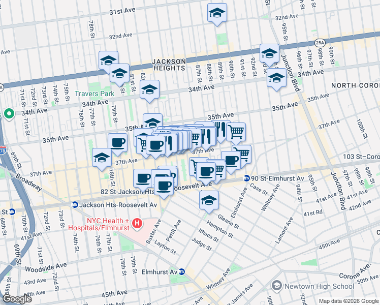 map of restaurants, bars, coffee shops, grocery stores, and more near 85-5 37th Avenue in Queens