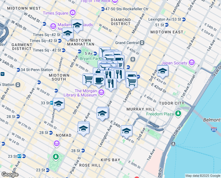 map of restaurants, bars, coffee shops, grocery stores, and more near 27-29 East 39th Street in New York