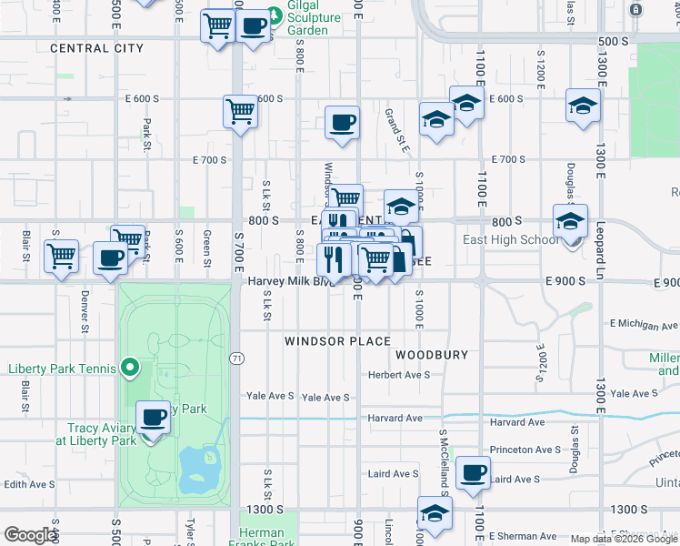 map of restaurants, bars, coffee shops, grocery stores, and more near 786 South 900 East in Salt Lake City