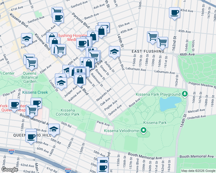 map of restaurants, bars, coffee shops, grocery stores, and more near 47-12 Bowne Street in Queens