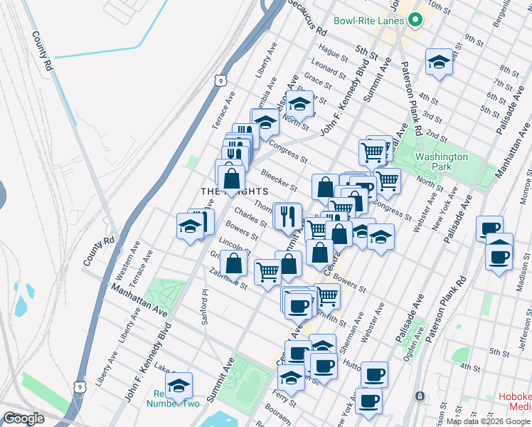 map of restaurants, bars, coffee shops, grocery stores, and more near 106 Thorne Street in Jersey City