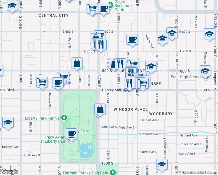 map of restaurants, bars, coffee shops, grocery stores, and more near 743 East 900 South in Salt Lake City
