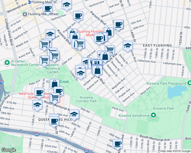 map of restaurants, bars, coffee shops, grocery stores, and more near in Queens