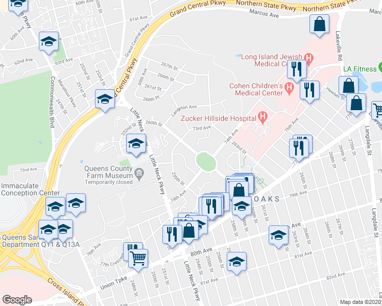 map of restaurants, bars, coffee shops, grocery stores, and more near 73-36 260th Street in Queens