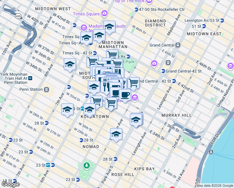 map of restaurants, bars, coffee shops, grocery stores, and more near 400 5th Avenue in New York