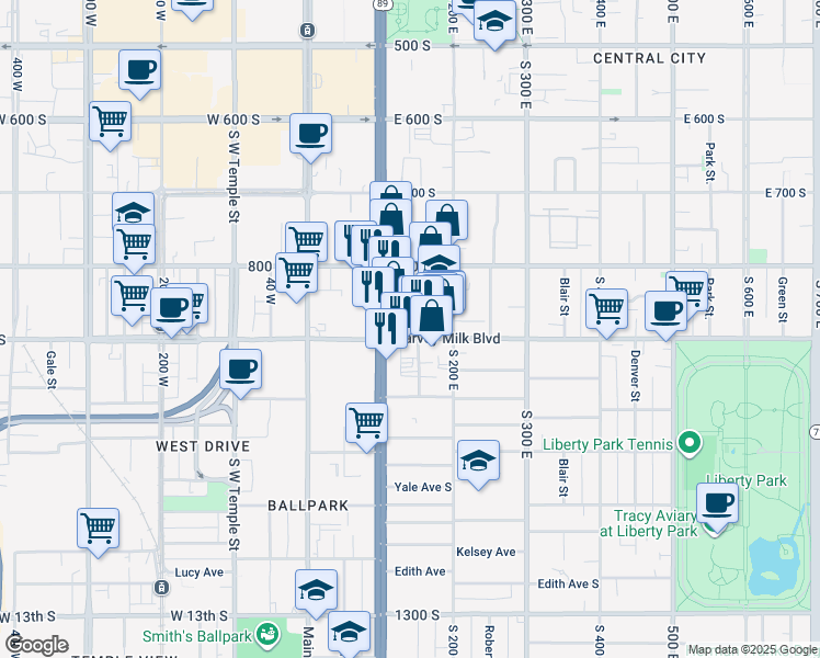 map of restaurants, bars, coffee shops, grocery stores, and more near 857 South Edison Street in Salt Lake City