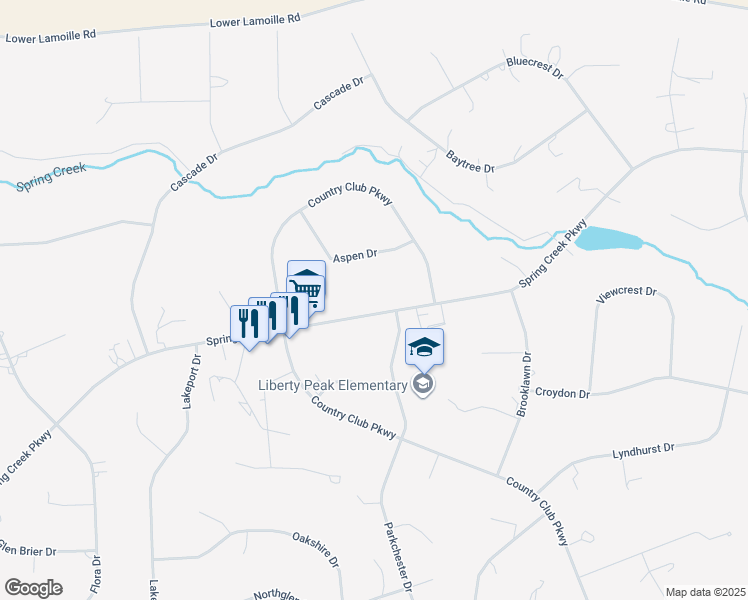 map of restaurants, bars, coffee shops, grocery stores, and more near 321 Spring Creek Parkway in Spring Creek