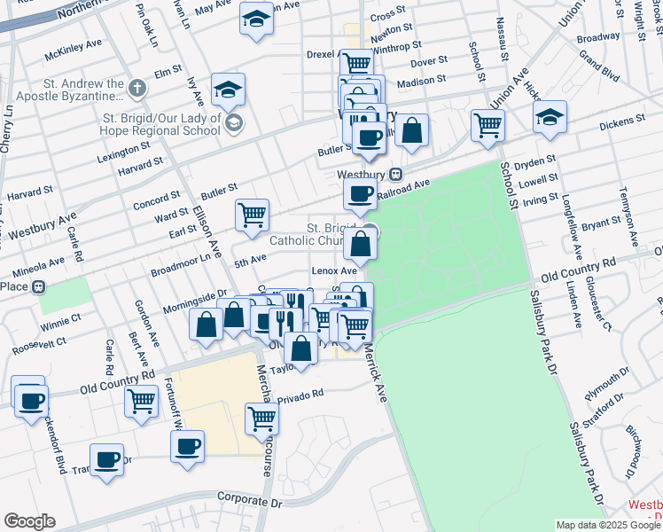 map of restaurants, bars, coffee shops, grocery stores, and more near 80 5th Avenue in Westbury