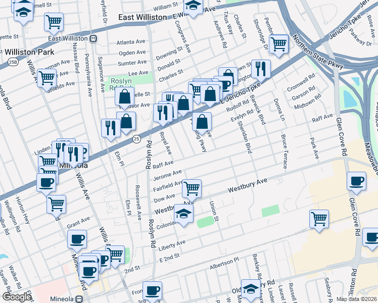 map of restaurants, bars, coffee shops, grocery stores, and more near 224 Mckinley Parkway in Mineola