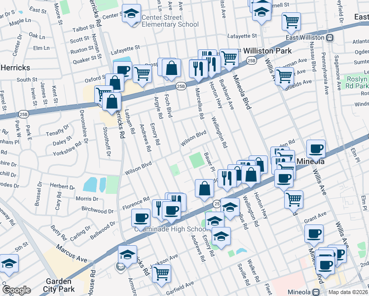 map of restaurants, bars, coffee shops, grocery stores, and more near 337 Wilson Boulevard in Mineola