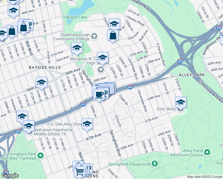 map of restaurants, bars, coffee shops, grocery stores, and more near 221-64 59th Avenue in Queens