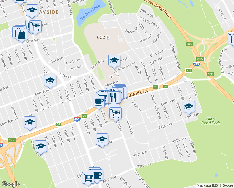 map of restaurants, bars, coffee shops, grocery stores, and more near 221-27 59th Avenue in Queens