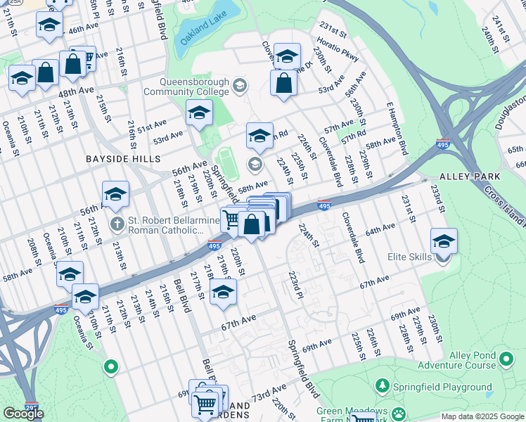map of restaurants, bars, coffee shops, grocery stores, and more near 221-27 59th Avenue in Queens