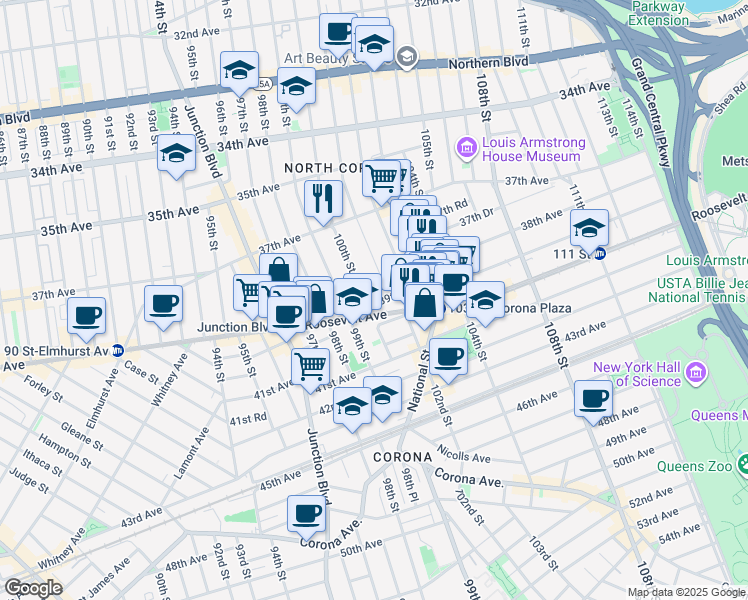 map of restaurants, bars, coffee shops, grocery stores, and more near 38-7 100th Street in Queens