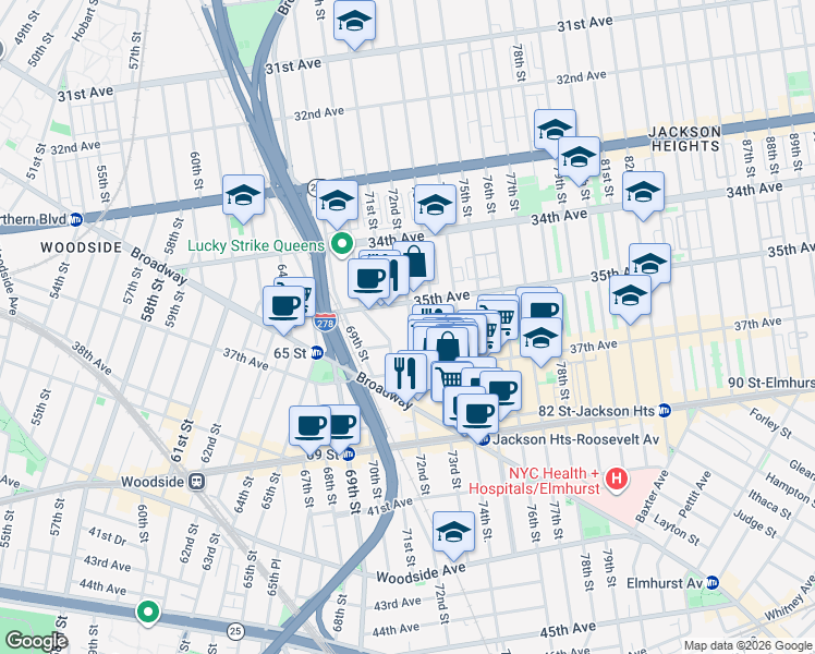 map of restaurants, bars, coffee shops, grocery stores, and more near 7112 35th Avenue in Queens
