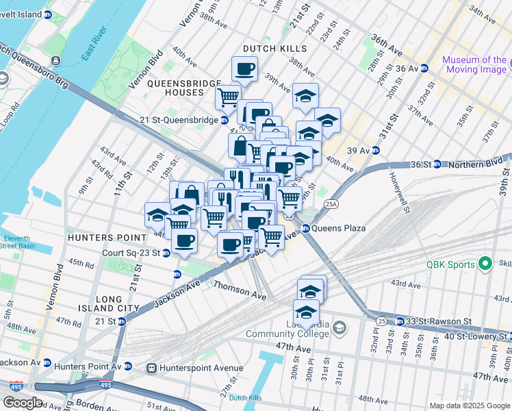 map of restaurants, bars, coffee shops, grocery stores, and more near 42-22 Crescent Street in Queens