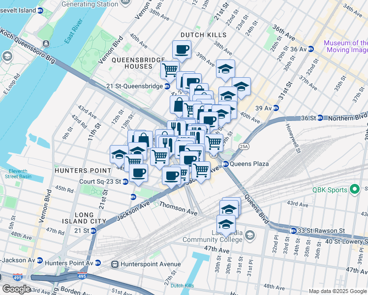 map of restaurants, bars, coffee shops, grocery stores, and more near 24 Queens Plaza South in Queens