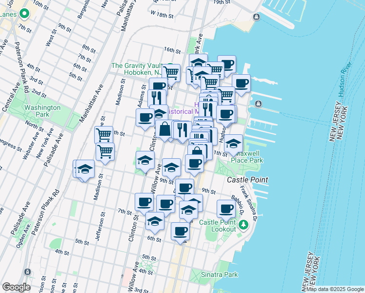 map of restaurants, bars, coffee shops, grocery stores, and more near 216 11th Street in Hoboken