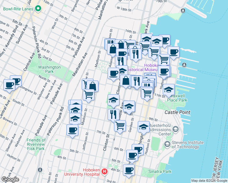 map of restaurants, bars, coffee shops, grocery stores, and more near 1035 Grand Street in Hoboken